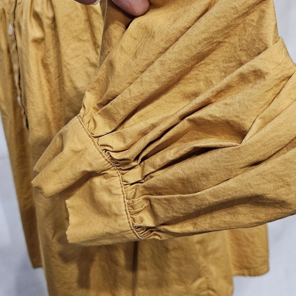 Oversized Gathered Yoke Line Mustard Button Up Blouse 100% Cotton Size Lg - Picture 4 of 7